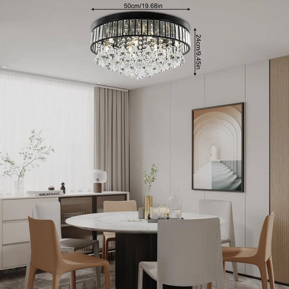 19.68 in. 9-Light Black Modern Round Flush Mount Ceiling Light with Clear Crystal Shade and No Bulbs Included - Hercitys