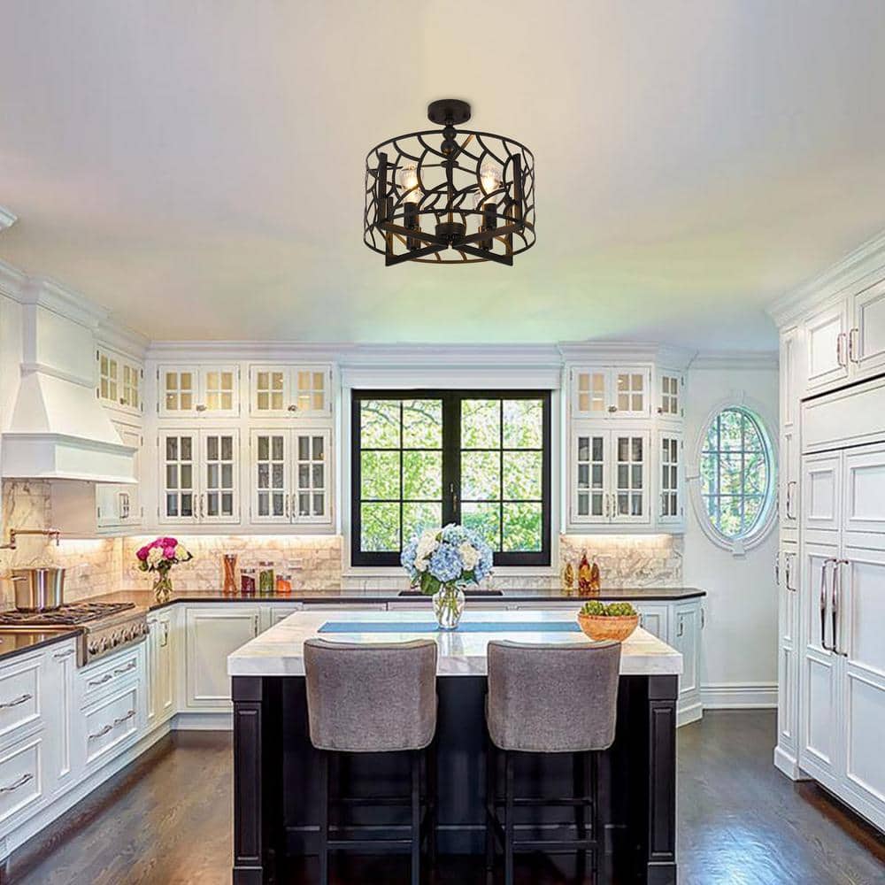 18.9 in. 4-Light Black Industrial Cage Drum Semi-Flush Mount - Hercitys