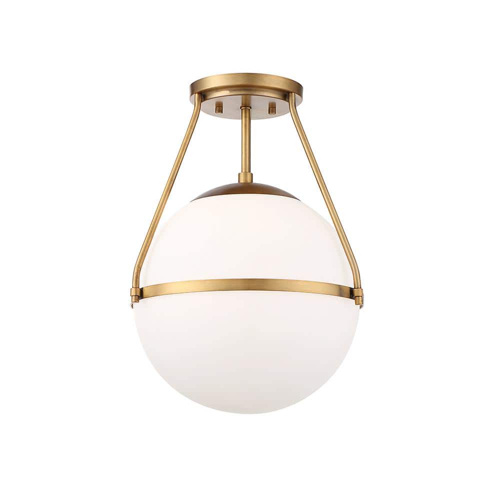 13 in. W x 17.25 in. H 1-Light Natural Brass Semi-Flush Mount Ceiling Light with Opal Glass Shade - Hercitys