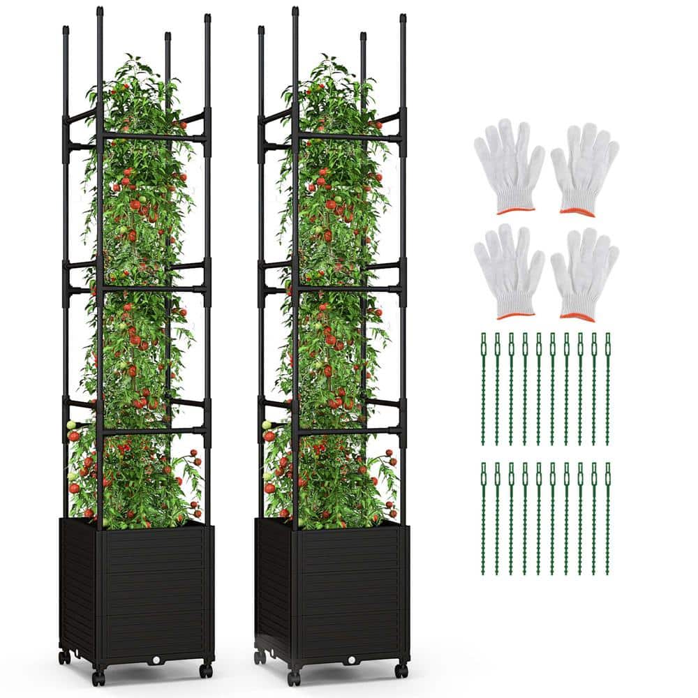 17 in. L x 17 in. W x 87 in. H Black Indoor/Outdoor Metal Raised Garden Bed with Trellis and Wheels (2-Pack) - Hercitys