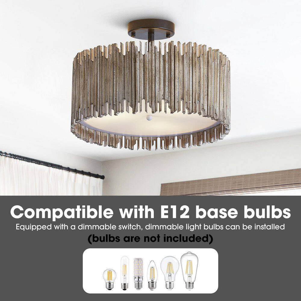 15.5 in. 3-Light Black Farmhouse Semi-Flush Mount With Wood Shade - Hercitys