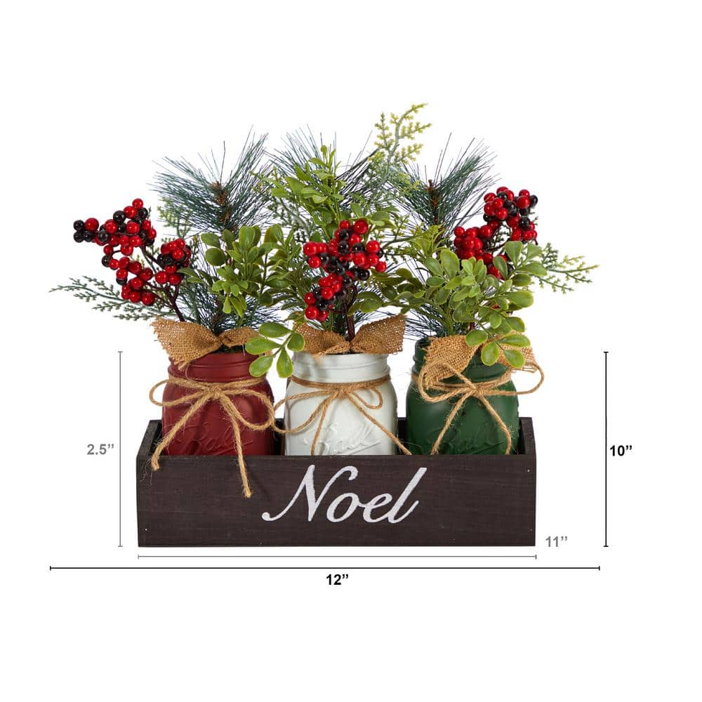 12 in. Unlit Holiday Winter Pine and Berries 3-Piece Mason Jar Noel Table Christmas Artificial Arrangement Decor - Hercitys