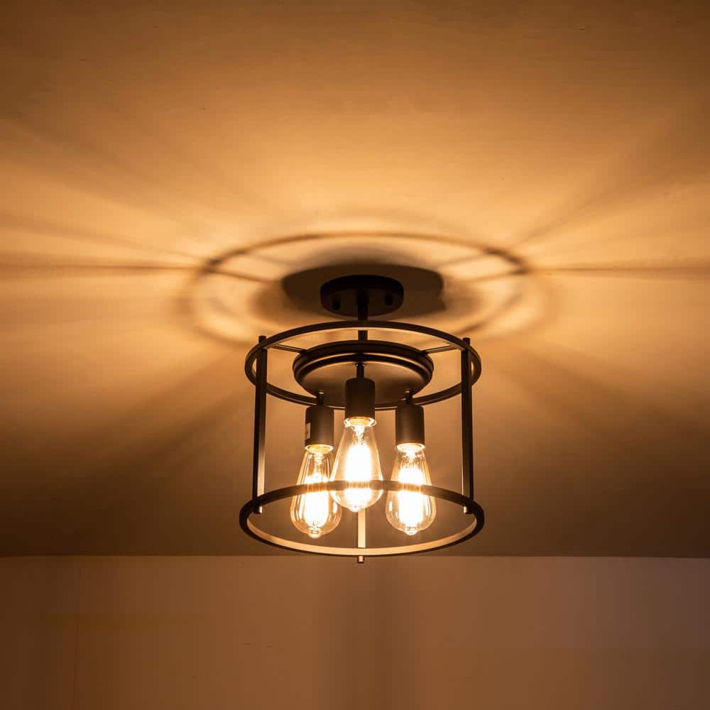 12 in. 3-Light Black Drum Cage Semi-Flush Mount Light - Hercitys