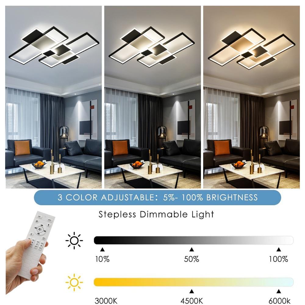 32.28 in. 5-Light Black and White Modern Rectangular Selectable LED Semi-Flush Mount Ceiling Light with Remote - Hercitys