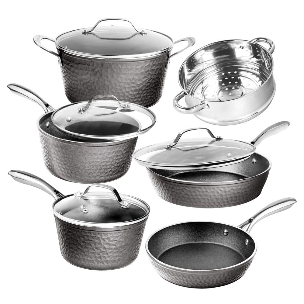 10-Piece Aluminum Hammered Ultra-Durable Non-Stick Diamond Infused Cookware Set in Pewter - Hercitys