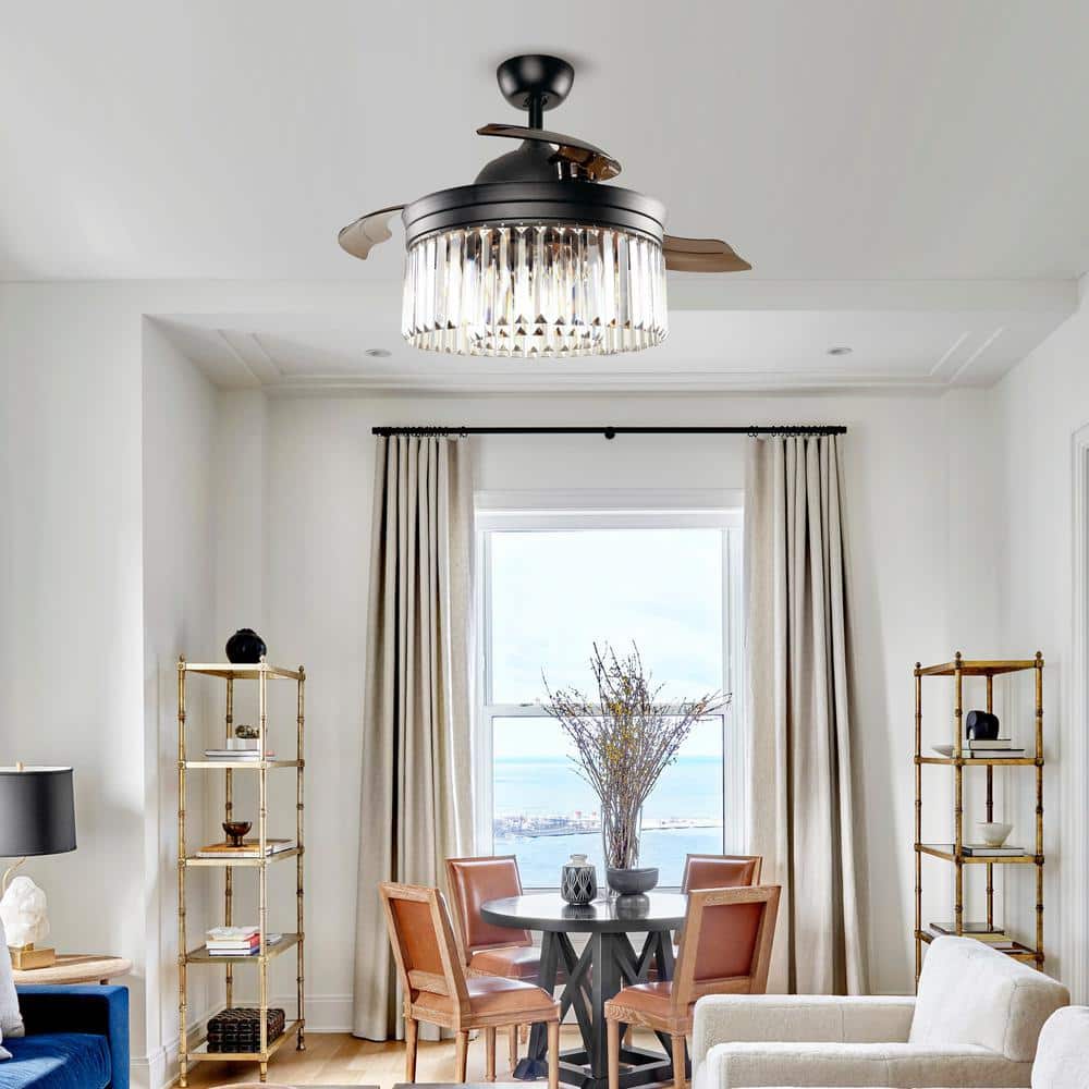42 in. Black Crystal Retractable Ceiling Fan with Light Kit and Remote Control - Hercitys
