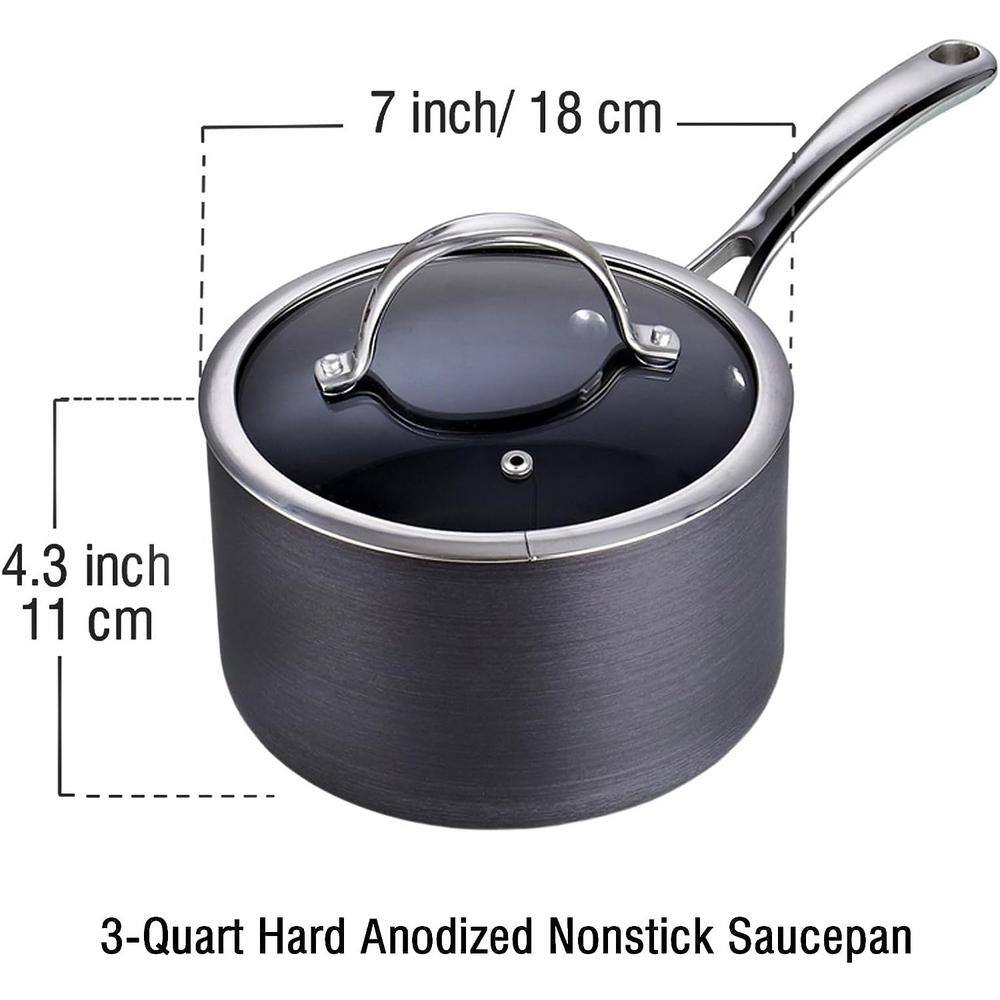 3 qt. Hard-Anodized Aluminum Nonstick Sauce Pan in Black with Glass Lid - Hercitys