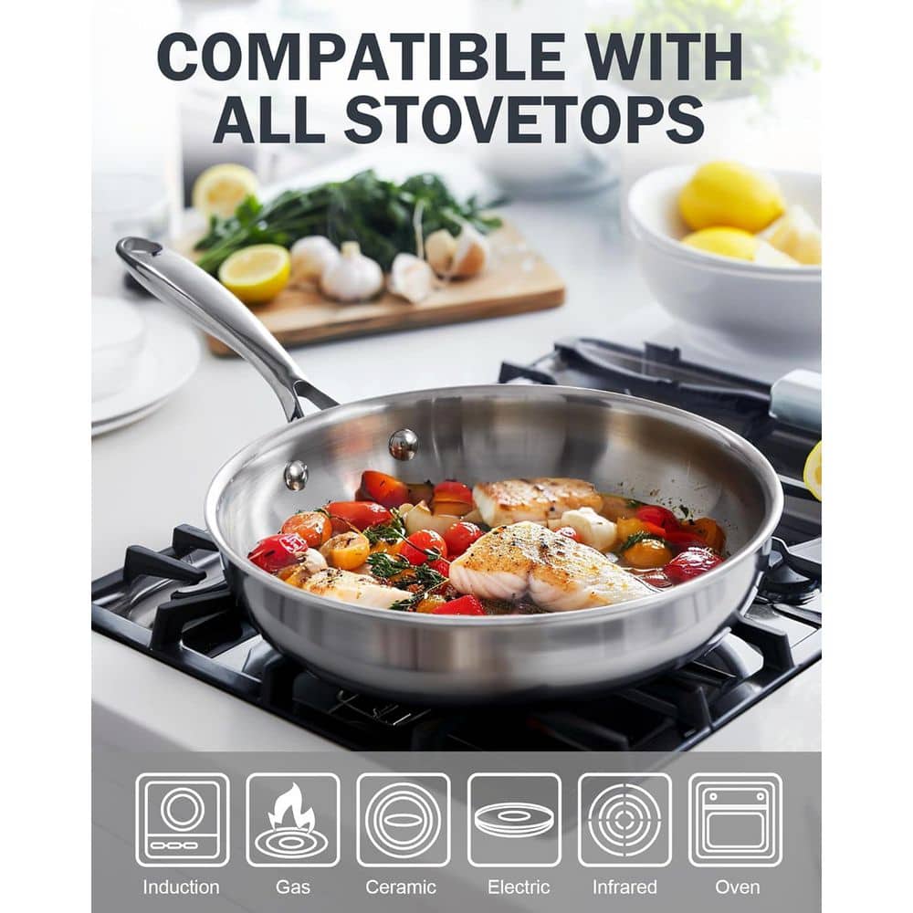 12 in. Multi-Ply Clad Stainless Steel Frying Pan, Silver - Hercitys