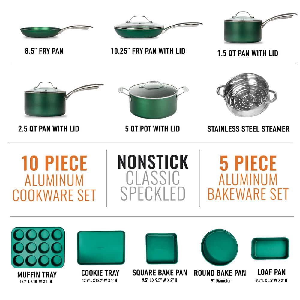 15-Piece Aluminum Ultra-Durable Non-Stick Diamond Infused Cookware and Bakeware Set in Emerald Green - Hercitys