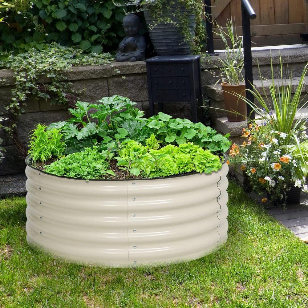 42 in. W x 17 in. H Beige Round Galvanized Metal Raised Garden Bed Ground Modular Planter Box - Hercitys
