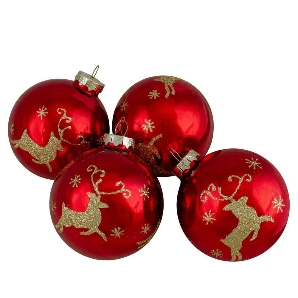 3.25 in. (80mm) Red and Gold Deer Glass Ball Christmas Ornaments Set of 4 - Hercitys