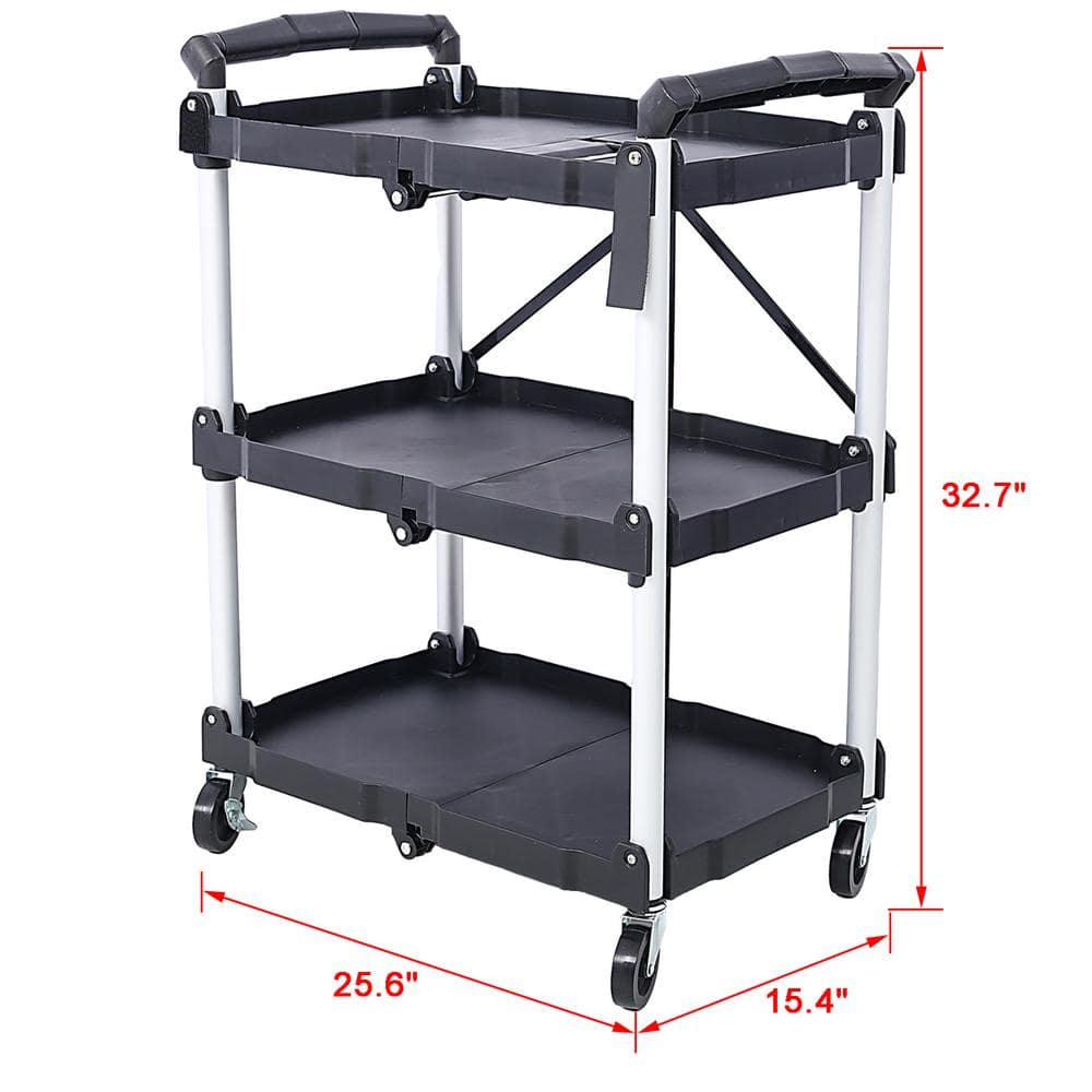 3-Layers Folding Collapsible Plastic Service Cart with Metal Frame, Black - Hercitys