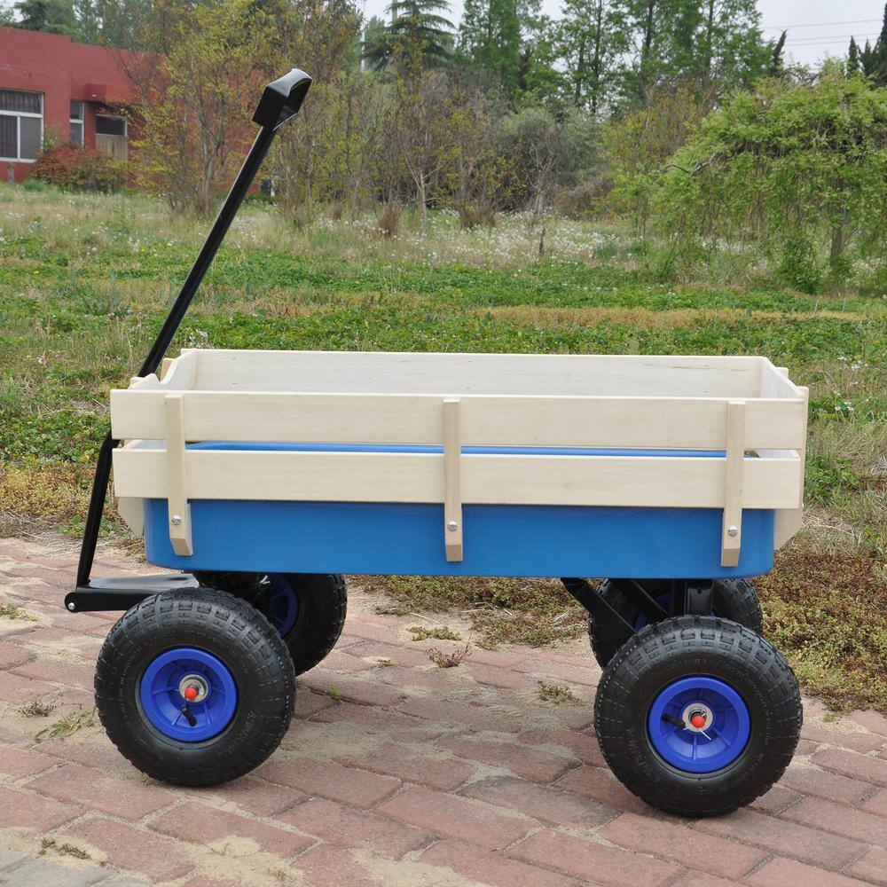 3 cu. ft. Steel Wood Blue Garden Cart with Air Tires, Adjusted handle and Detachable Wood Fence - Hercitys