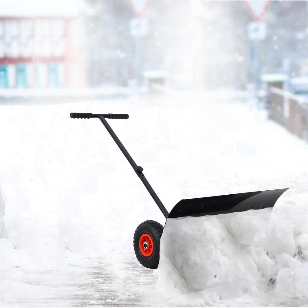 15 in. Steel Angle-Adjustable Handle Steel Heavy-Duty Snow Shovel Rolling Pusher with 29 in. Blade, 10 in. Wheels - Hercitys