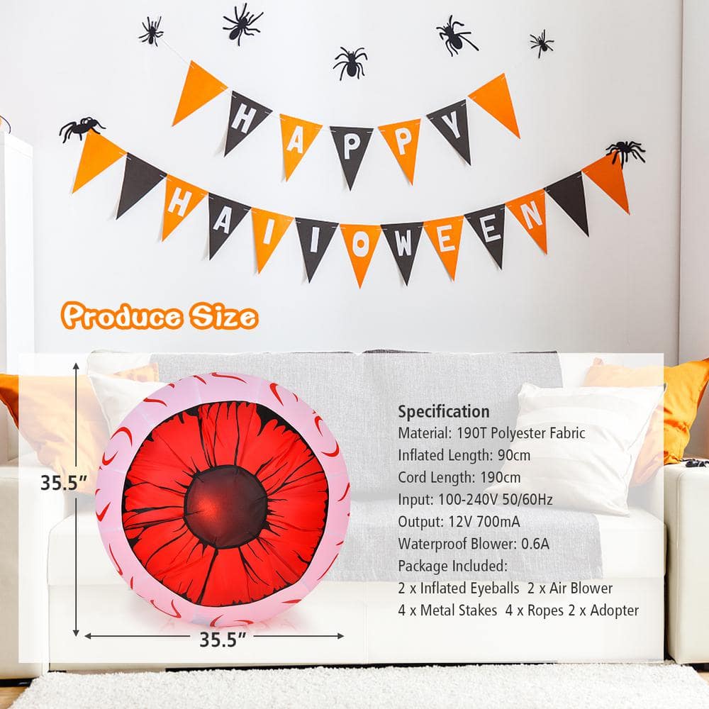 2-Pack 3 ft. Halloween Inflatable Eyeballs with Air Blower and Red LED Lights - Hercitys