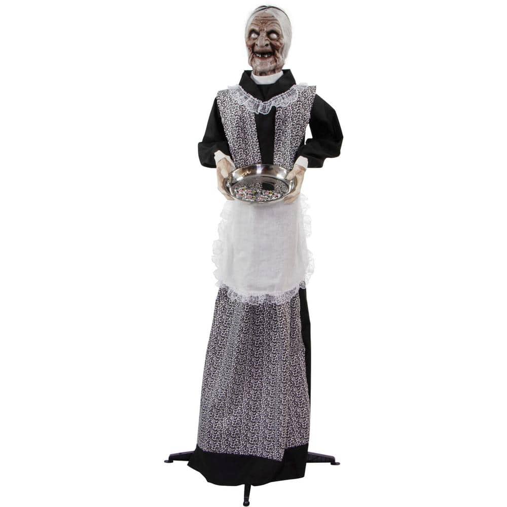 5 ft. Emma the Animated Zombie Housemaid Holding a Tray, Indoor or Covered Outdoor Halloween Decoration - Hercitys