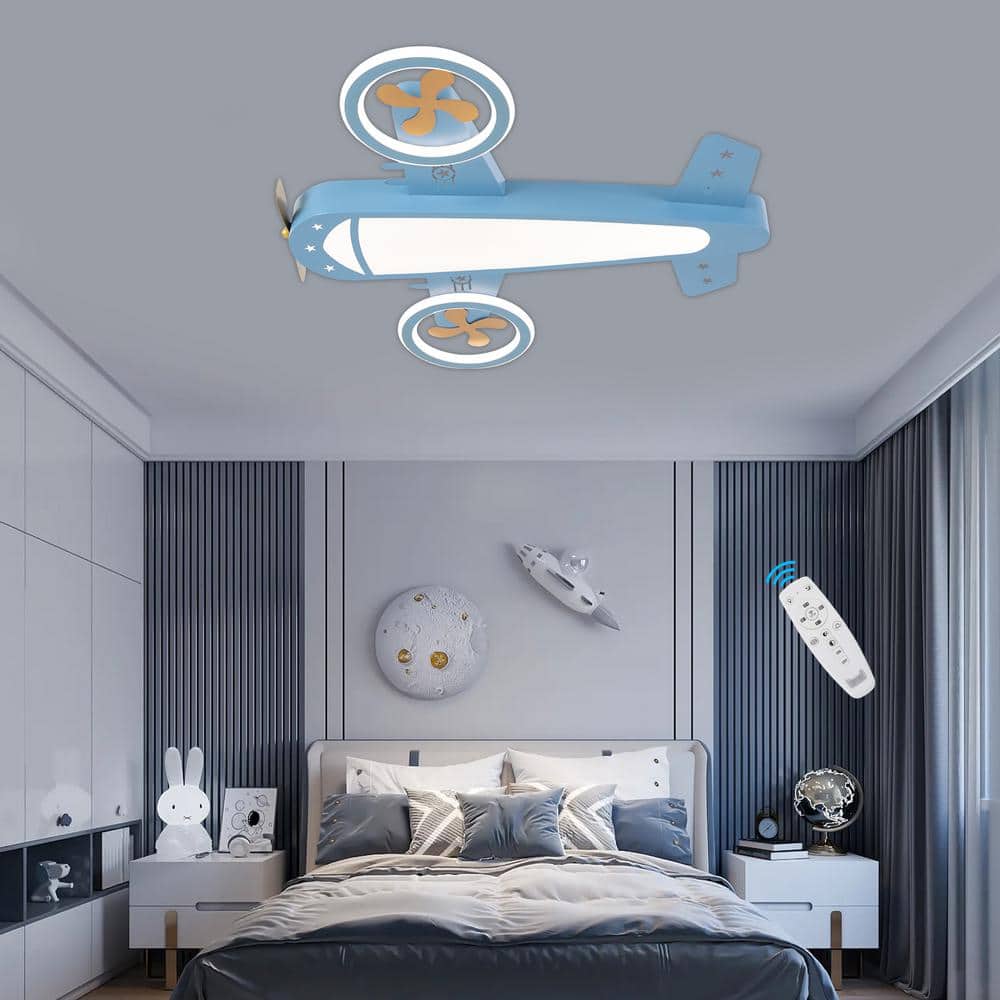 23.62 in. Blue and Gold Creative Airplane-Shaped Dimmable Flush Mount Ceiling Light with Remote and Integrated LED Light - Hercitys