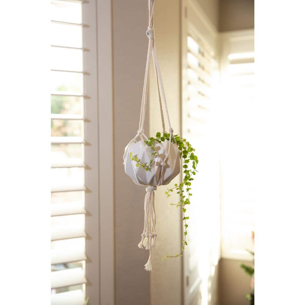 5 in. Matte White Ceramic Macrame Hanging Planter - Hercitys