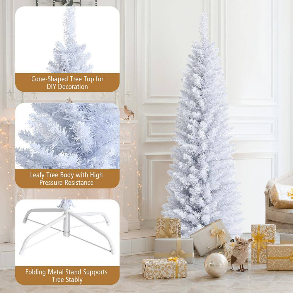 5 ft. Unlit Pencil White Artificial Christmas Tree Leafy Slim Xmas Tree - Hercitys