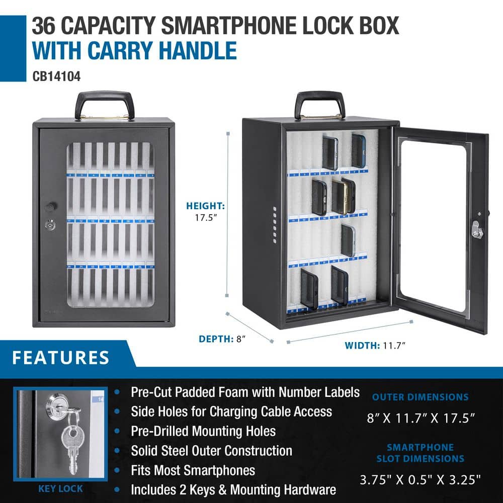 36-Capacity Smartphone Lock Box with Key Lock and Carry Handle - Hercitys