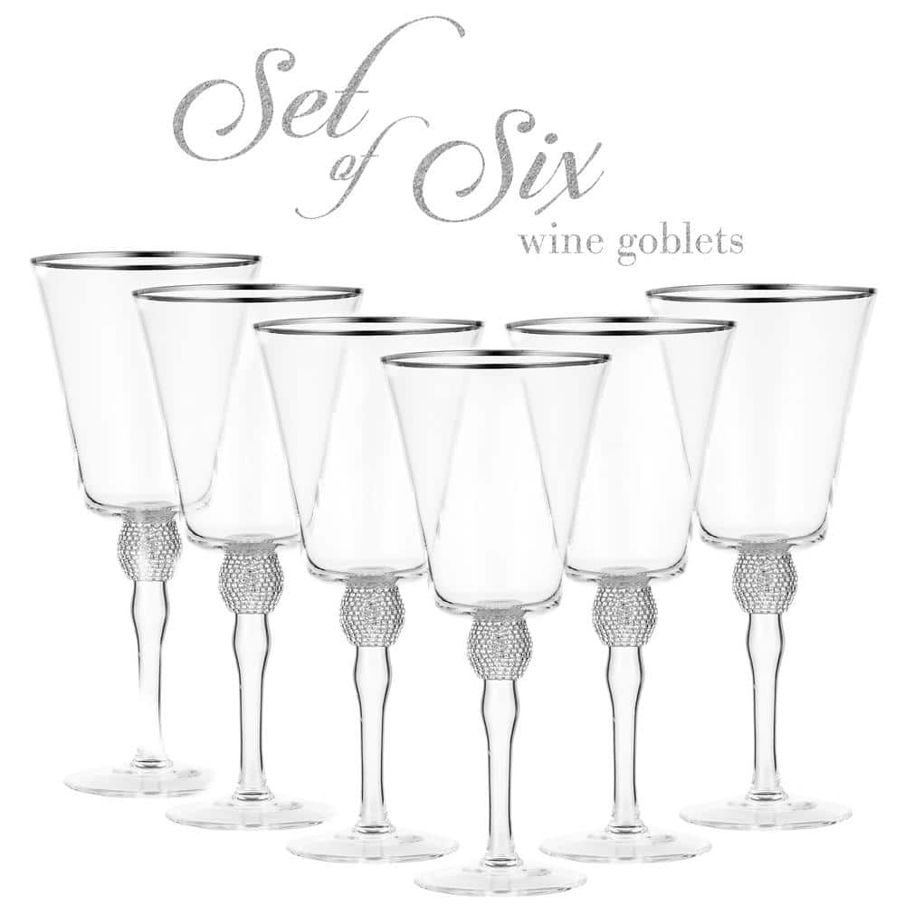 (Set of 6) Wine Glass 14.7 oz. with Rhinestone Design and Silver Rim - Hercitys