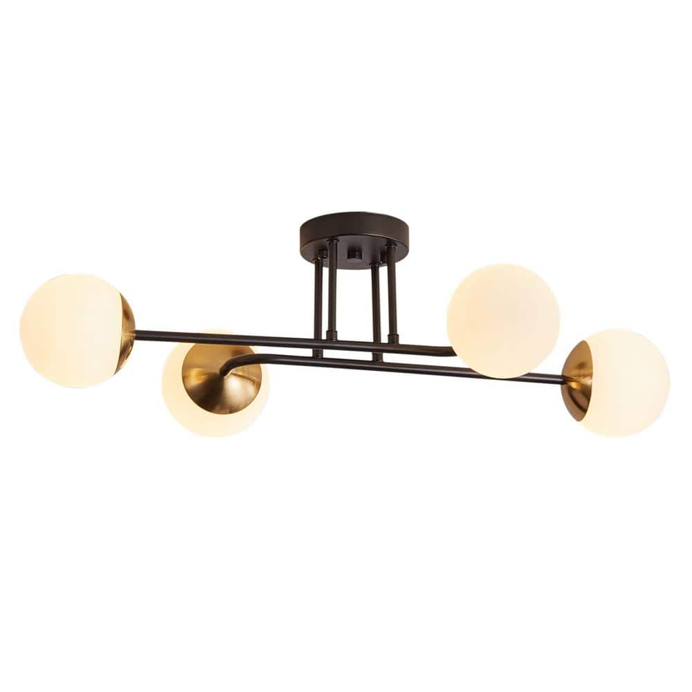 28 in. Modern 4-Light Black Semi Flush Mount Industrial Black and Gold Sputnik Chandelier - Hercitys