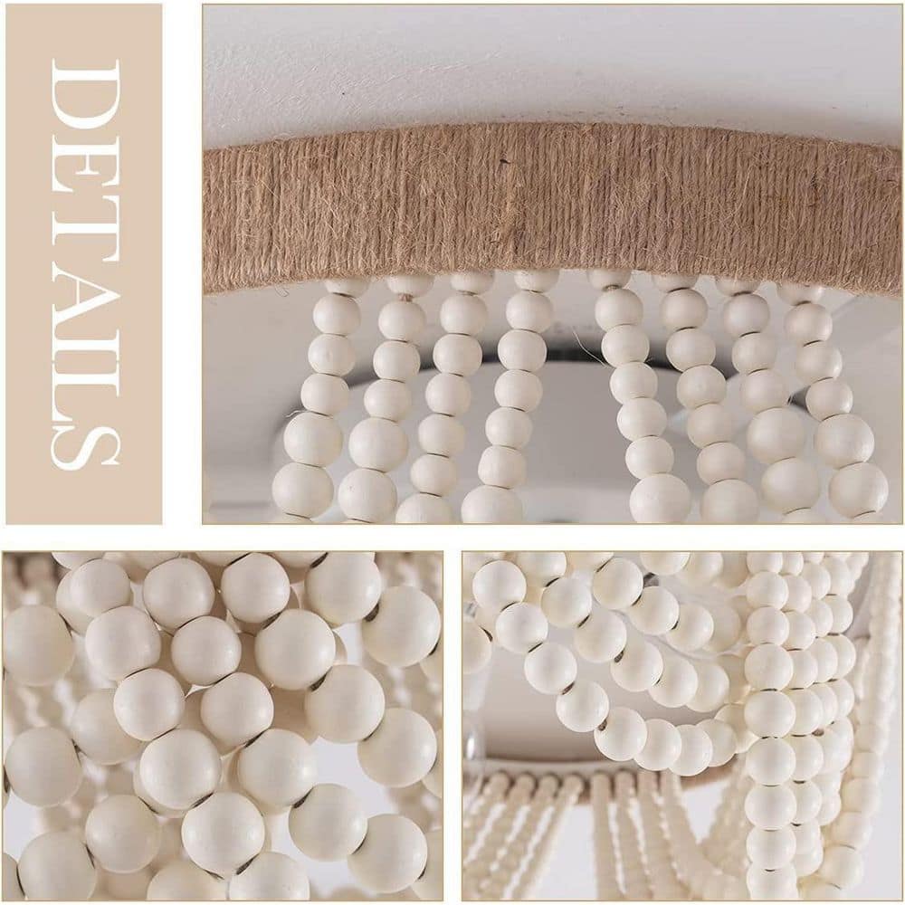 12.6 in. 3-Light Antique Rustic White Flush Mount Bohemia Wood Beaded Ceiling Light Mini Chandelier - Hercitys
