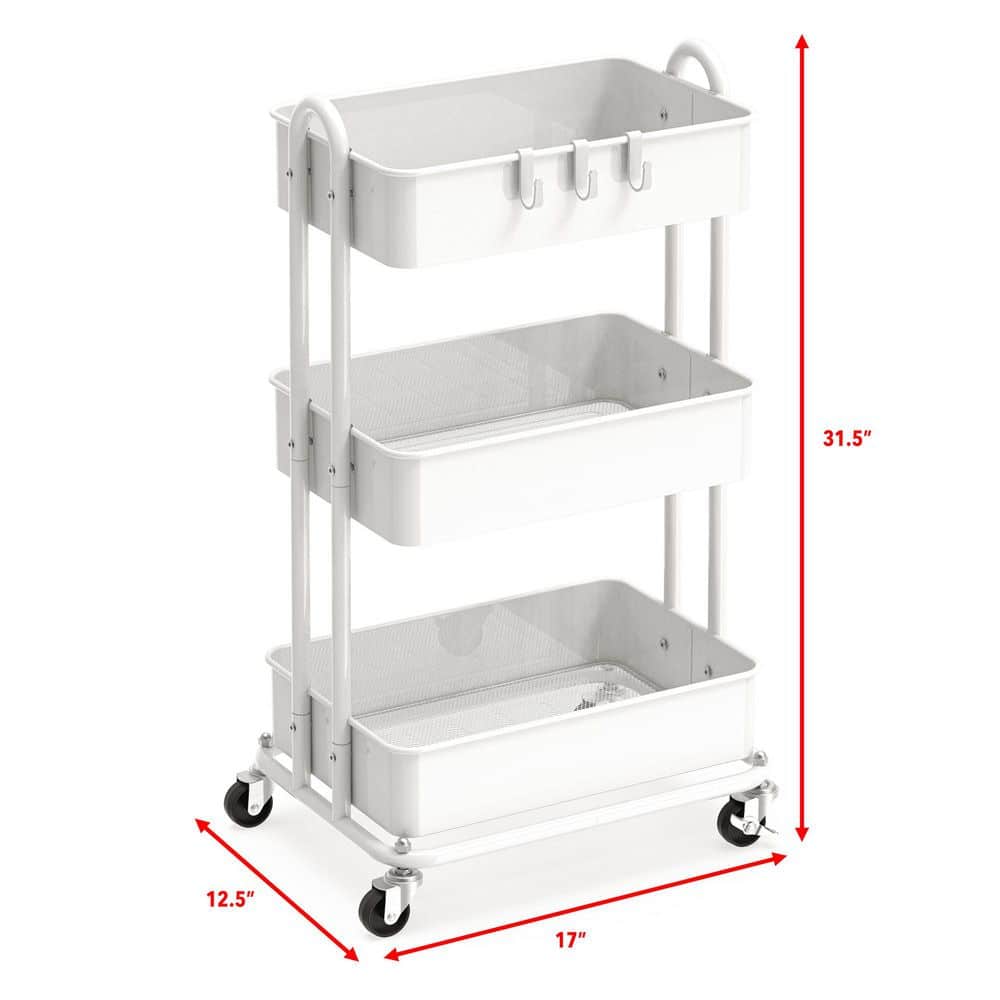 3-Tier Metal -Wheeled Utility Cart in White - Hercitys