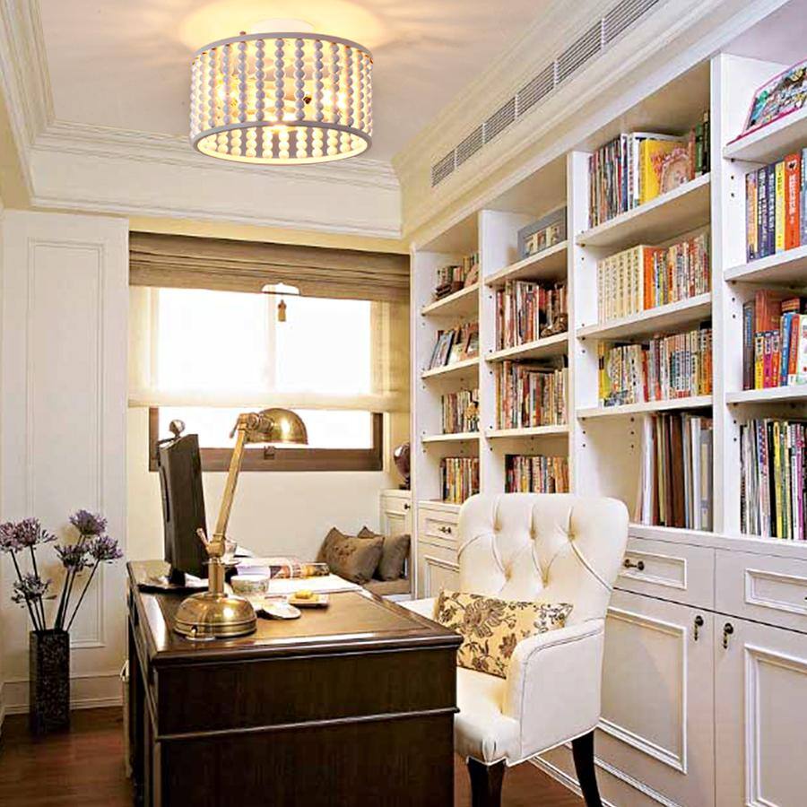 12.8 in. 3-Light White Semi Flush Mount Round Ceiling Light Fixture with Wood Bead and No Bulbs Included - Hercitys