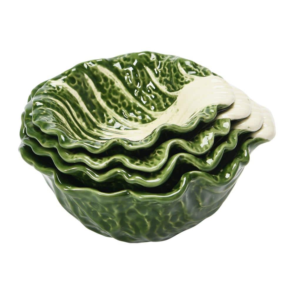 5.5 in. 6.8 fl. oz. Green Hand-painted Cabbage Shaped Stoneware Serving Bowls (Set of 4) - Hercitys