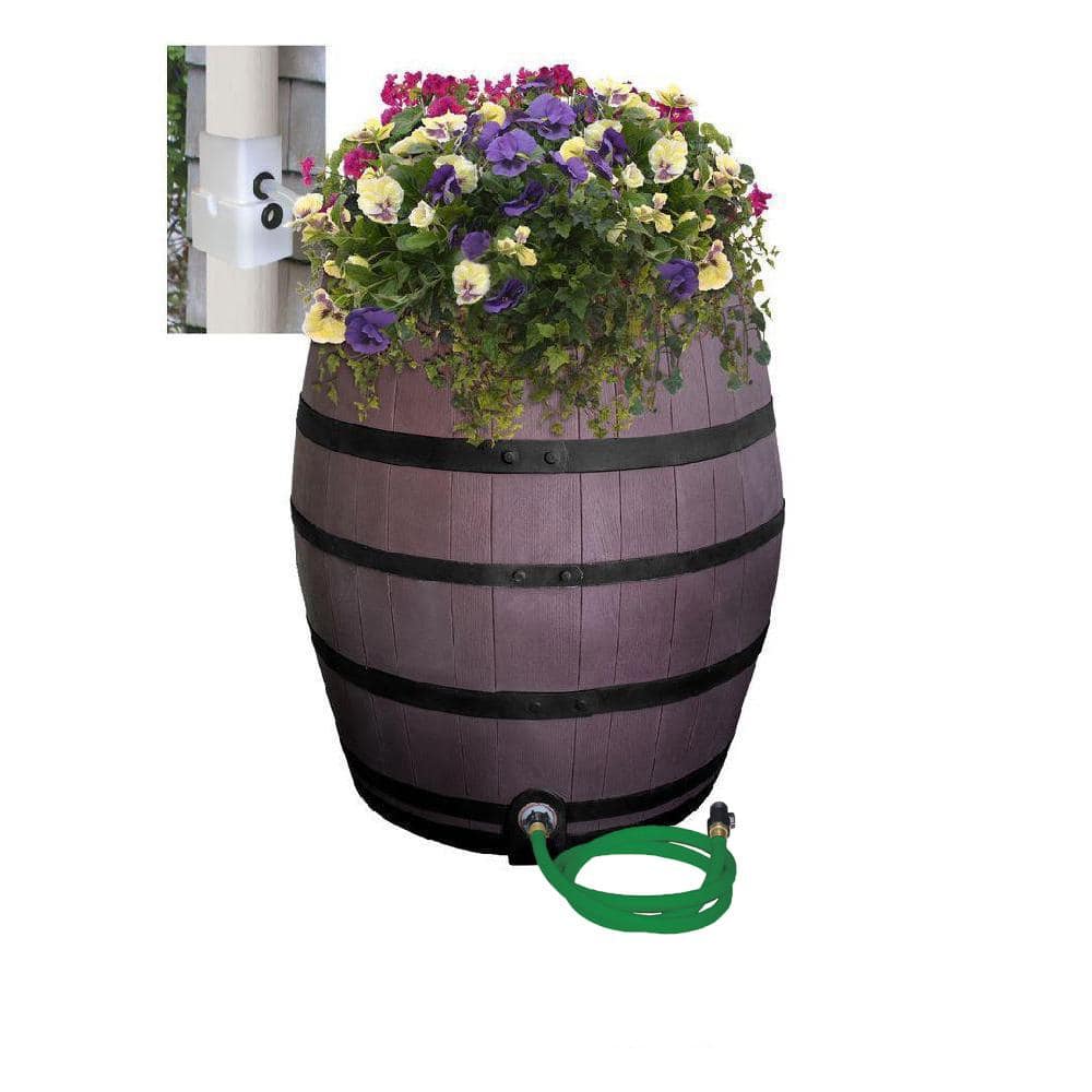 50 Gal. Brown Flat Back Whiskey Rain Barrel with Integrated Planter and Diverter System with Black Accent Bands - Hercitys