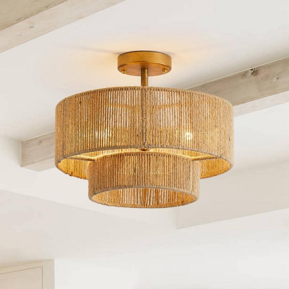 15.4 in. 3-Light Bohemian Antique Gold Two-Tier Drum Semi- Flush Mount with Natural Jute Rope Shade - Hercitys