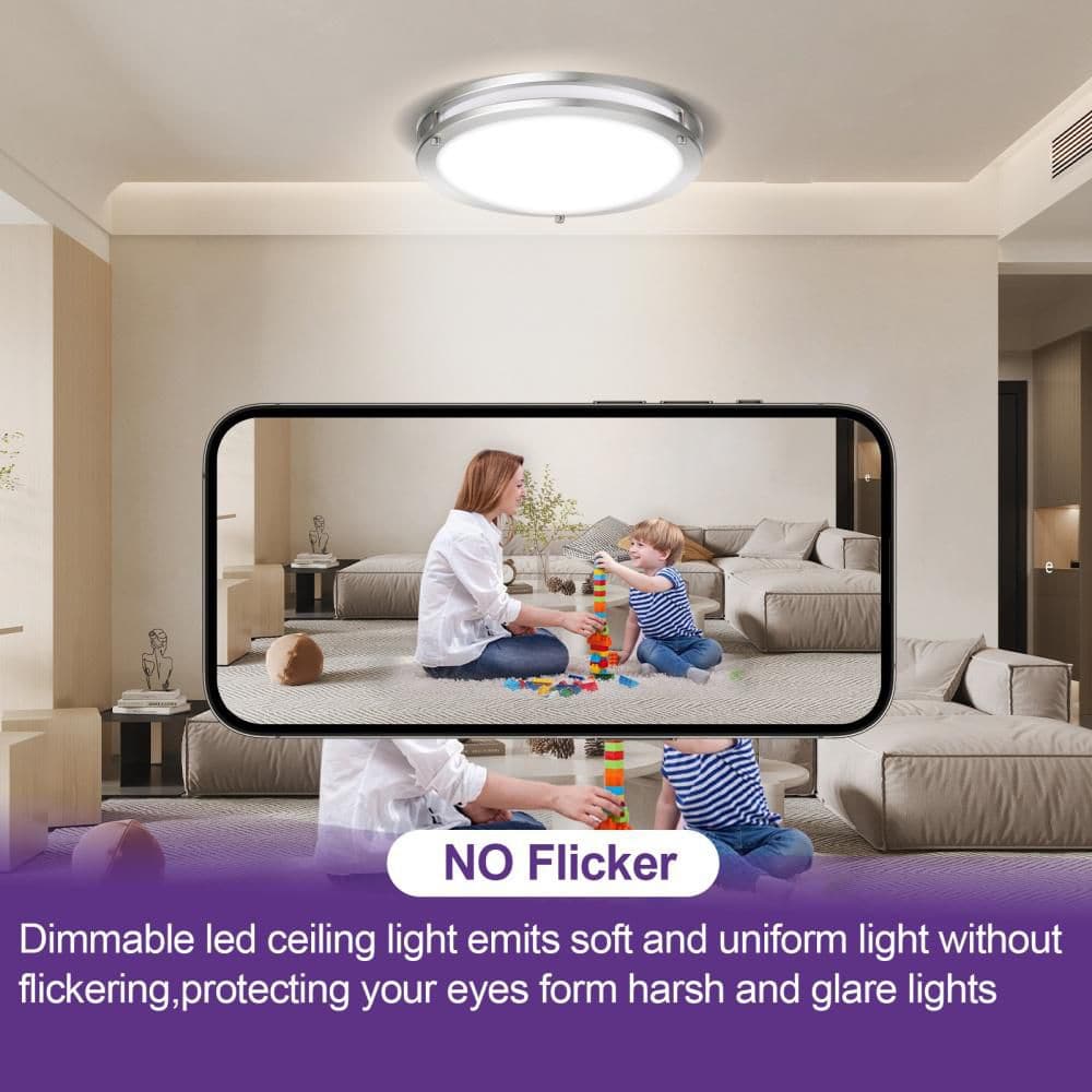 12in. Brushed Nickel Dimmable Integrated LED Flush Mount Light 15W 1000 Lumens Ceiling Light 2700-5000K - Hercitys