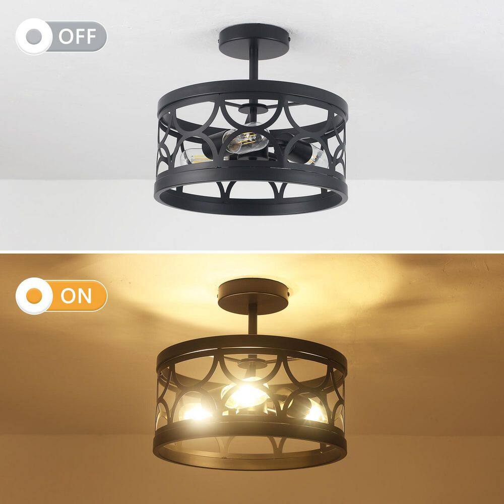 12.6 in. 3-Light Black Farmhouse Drum Semi-Flush Mount Light with Metal Shade - Hercitys