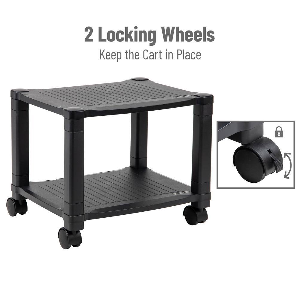 2-Tier Plastic 4-Wheeled Rolling Printer Utility Cart 17.25 in. L x 13.5 in. W x 14.25 in. H, Black - Hercitys