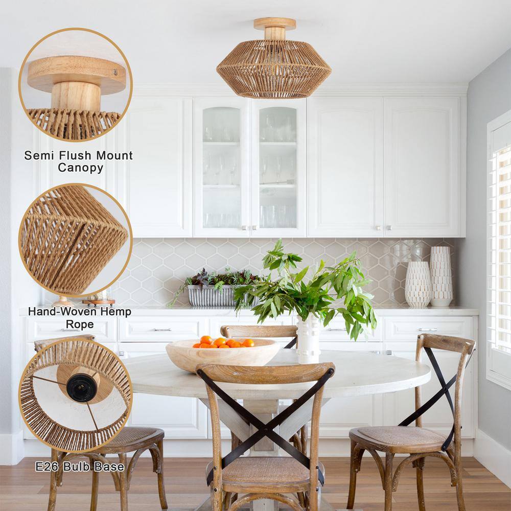 12.6 in. 1-Light Rustic Brown Wooden Semi-Flush Mount Light with Imitation Hemp Rope Shade and No Bulbs Included - Hercitys
