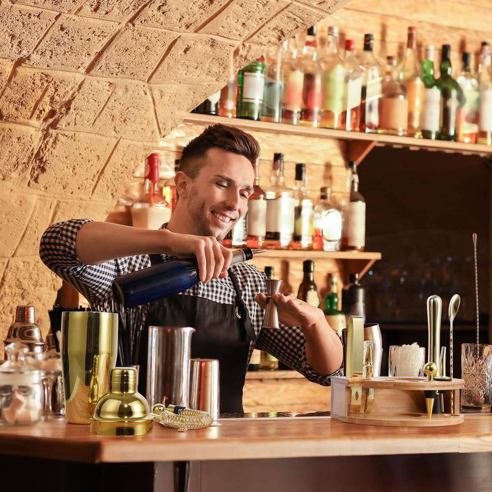 12-Piece 25 oz. Gold Cocktail Shaker Set, Stainless Steel Bar Tool Set, Bartender Kit with Stylish Bamboo Stand - Hercitys