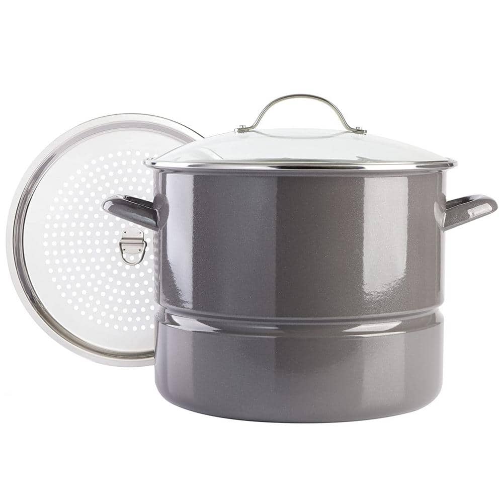 16 qt. Enamel On Steel Stock Pot With Steamer and Lid in Graphite Grey - Hercitys