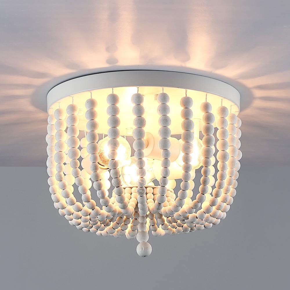 12.6 in. 3-Light Bohemia Antique White Wood Beaded Flush Mount Ceiling Light - Hercitys