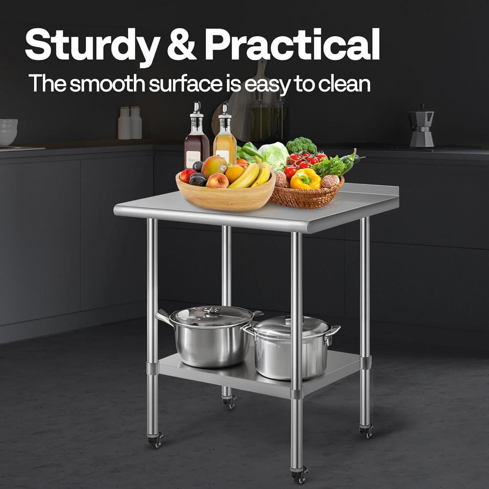 24 x 18 in. Stainless Steel Kitchen Utility Table with Backsplash and Wheels - Hercitys