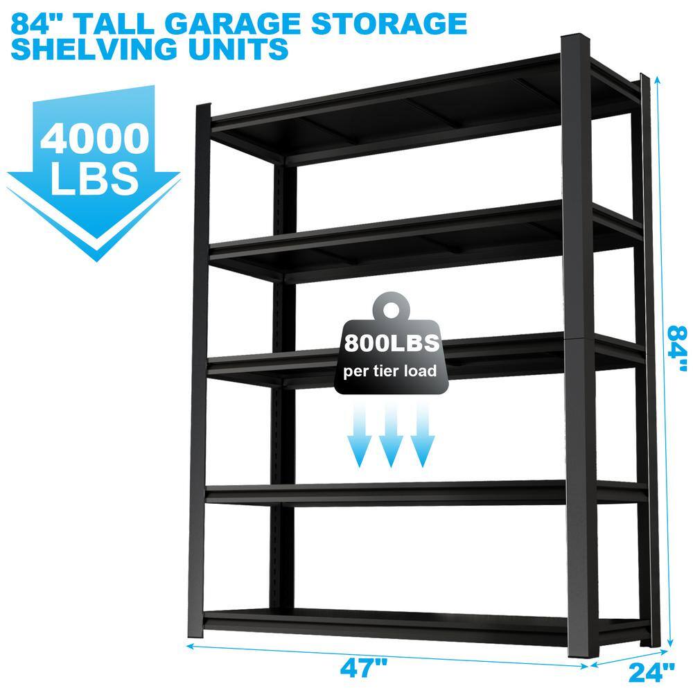 5-Tier Black Adjustable Heavy Duty Metal Garage Shelving Unit (47.24 in. W x 83.86 in. H x 23.62 in. D) - Hercitys