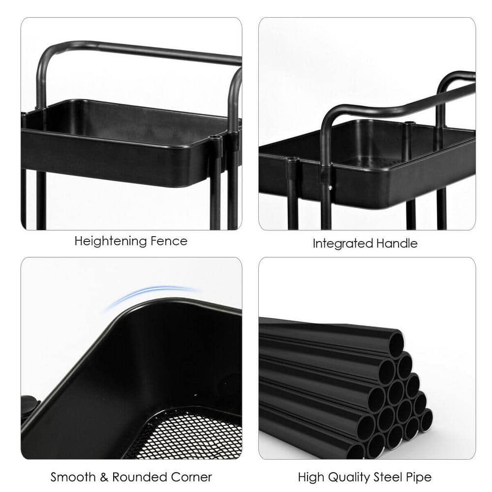 3-Tier Black Rolling Plastic Kitchen Cart on Wheels with Casters - Hercitys