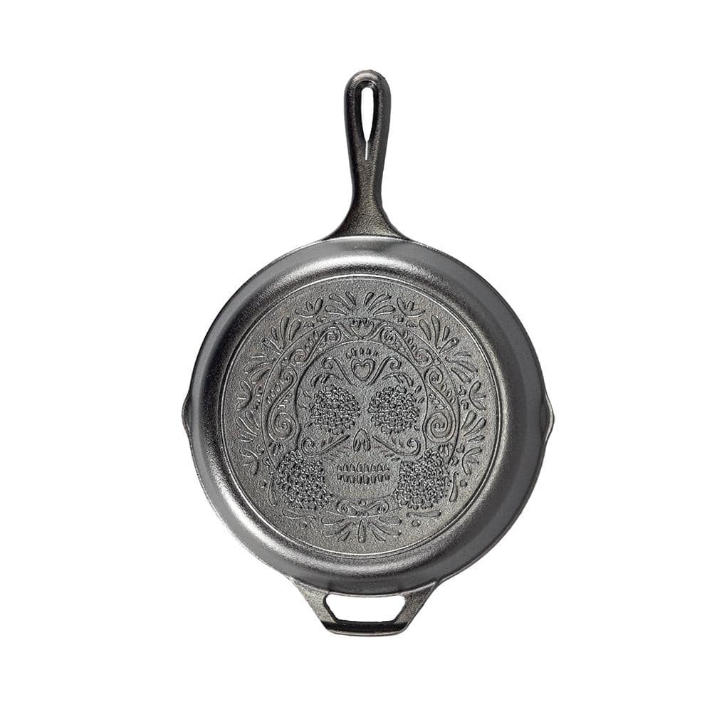 10.25 in. Cast Iron Skillet with Sugar Skull Design in Black with Pour Spout - Hercitys