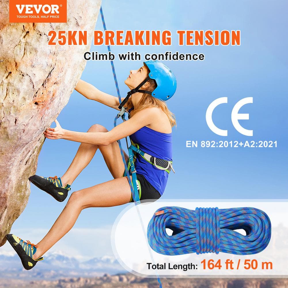10.2 mm Dynamic Climbing Rope 50 m, 164 ft. Outdoor Rock Climbing Rope 25 KN Breaking Tension Stretchable Fiber Rope - Hercitys