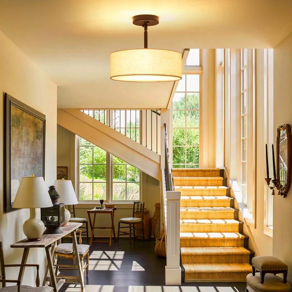 12.6 in. 3-Light Black Drum Linen Blend Semi Flush Mount Ceiling Light with White Fabric Shade and No Bulbs Included - Hercitys