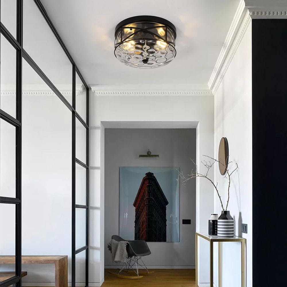 12 in. 2-Light Black Flush Mount Water Ripple Glass Ceiling Light with Metal Frame - Hercitys
