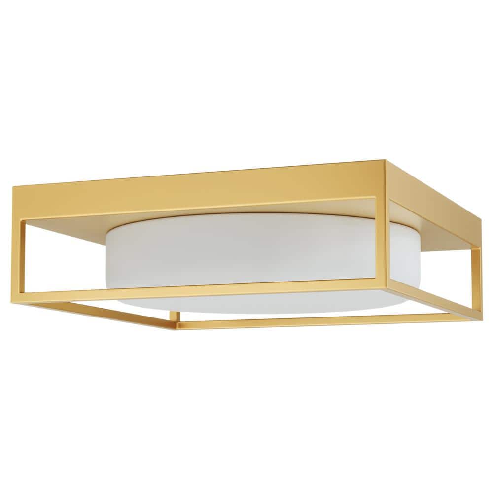 13 in. 2-Light Industrial Gold Flush Mount Farmhouse Close to Ceiling Light Fixture with White Glass Shade - Hercitys