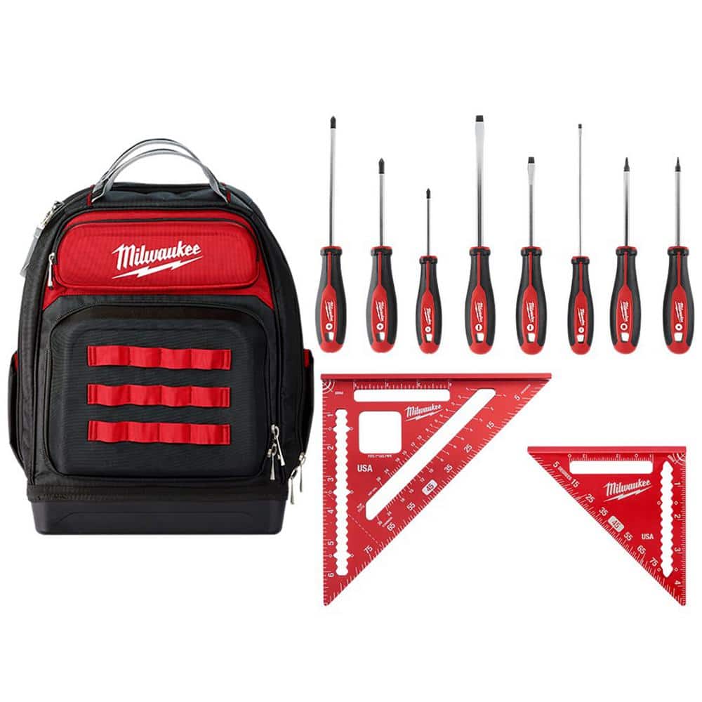 15 in. Ultimate Jobsite Backpack W/Screwdriver Set W/ 7 in. Rafter Square and 4-1/2 in. Trim Square Set (11-Piece) - Hercitys
