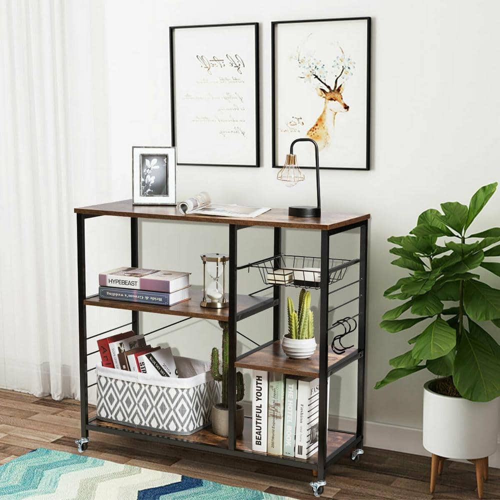 35 1/2 in. W Metal Frame Brown Engineered Wood Shelf Small Rolling Kitchen Cart Trolley on the Wheels - Hercitys