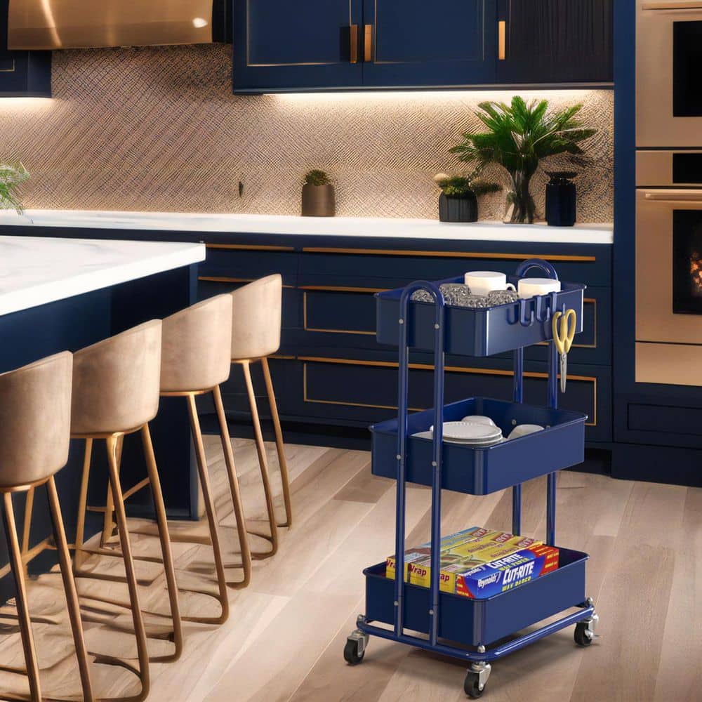 3-Tier Metal -Wheeled Utility Cart in Navy - Hercitys